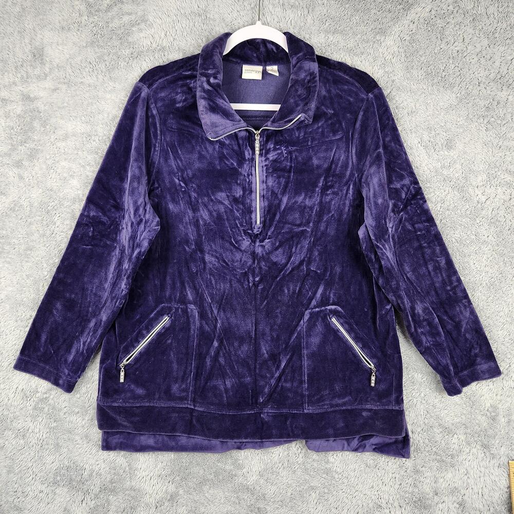 Chicos Zenergy Jacket Womens Size 2 Purple Velour 1/2 Zip Pullover Rhinestone